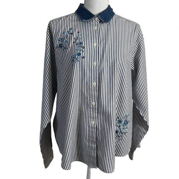 Napa Valley Striped Flower Embroidered Button Up Shirt Denim Collar Petite Large - Picture 1 of 10